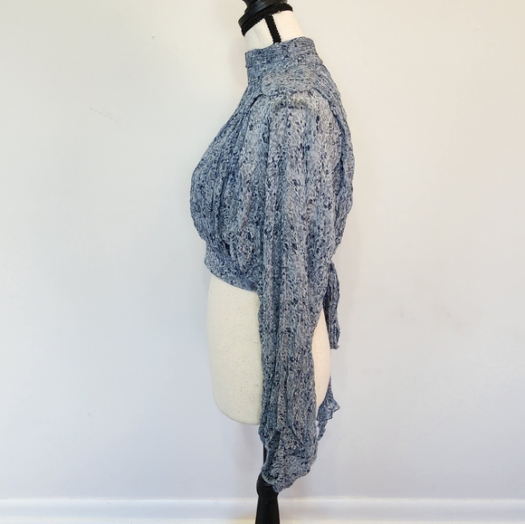 Shona Joy Francesca High Neck Balloon Sleeve Open Back Tie Crop Top Blouse 2 - Picture 7 of 16